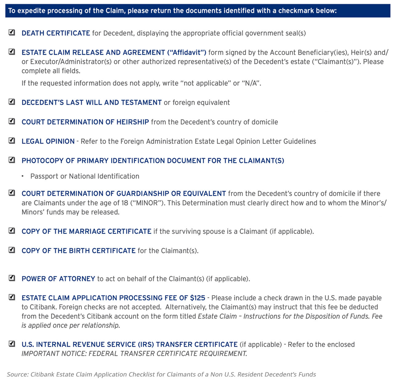 Citibank Estate Claim Application Checklist for Claimants of a Non U.S. Resident Decedent’s Funds 